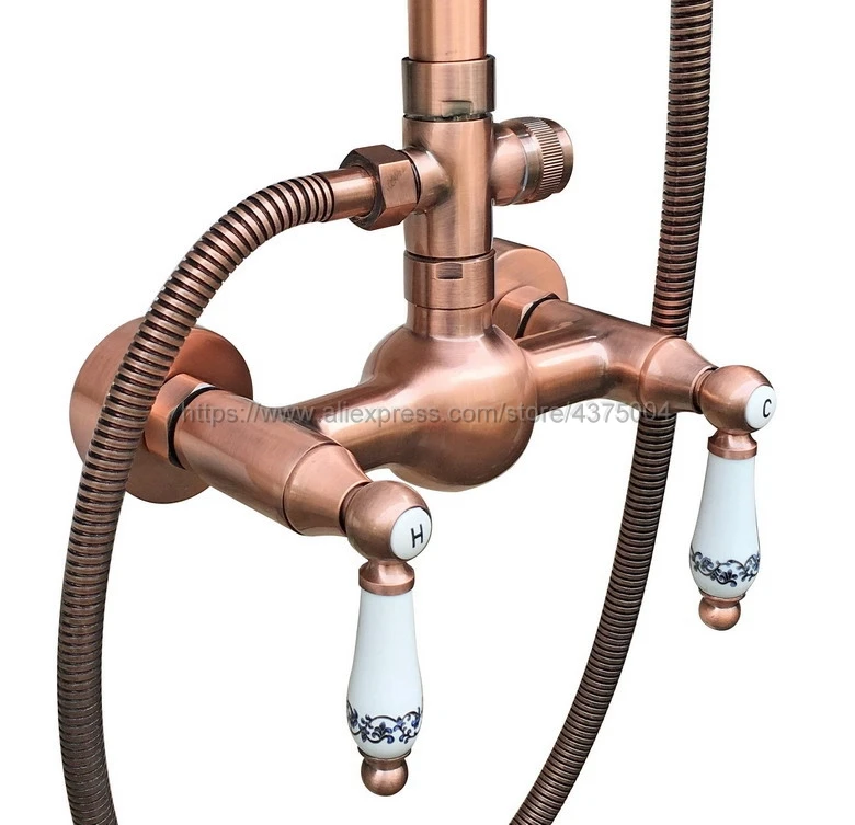 Bathroom Antique Red Copper Shower Faucet 7.7''Rain Shower Head Wall Mount Tap W/Hand Shower Nrg552