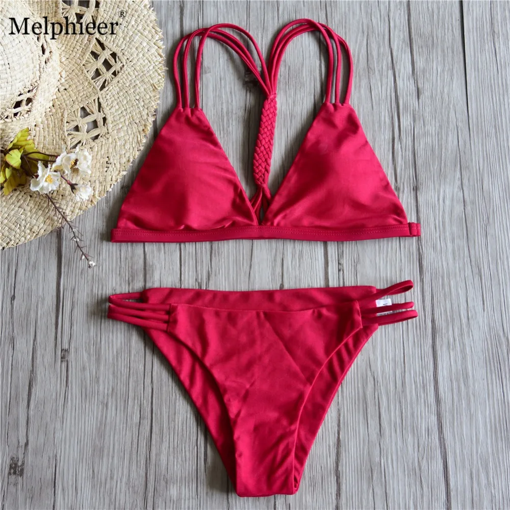 2018 Girls Red Bikini Braided Cut Out Bikinis Women Bandage Swimwear
