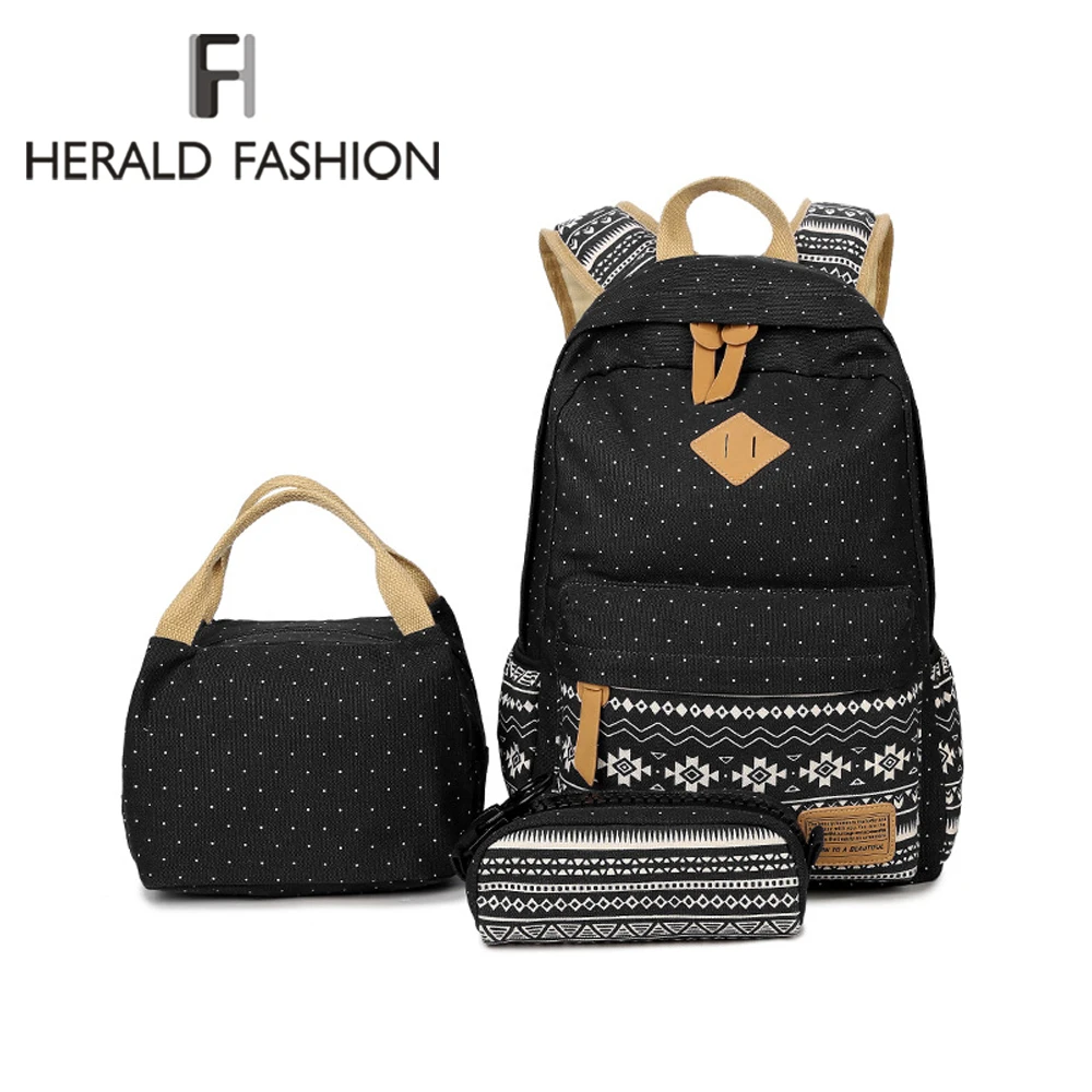 

Herald Fashion 3 PCS Set Backpack with Small Bag & Pencil Case Women School Backpack for Teenagers Girls Dot Canvas Laptop Bag