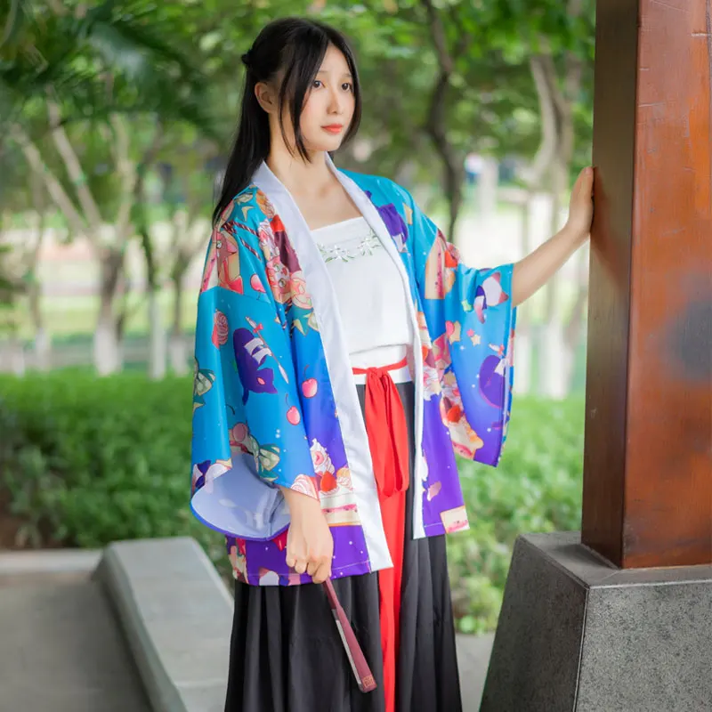 Милое японское кимоно с рисунком десерта и кота Yukata Haori, летняя женская мода, Ретро кардиган для костюмированного представления, пальто, повседневные топы