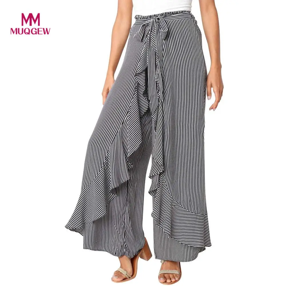 NEW Ladies Wide Leg Drawstring Cuff Black Stripe Trousers