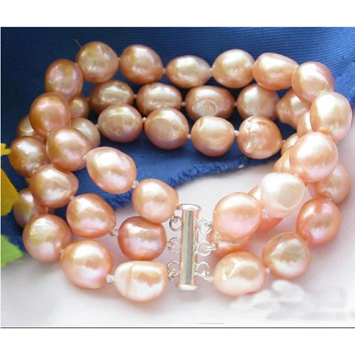 

Genuine Pearl Jewelry 3 Rows 8 Inches 9-10mm Rice Shape Pink Color Freshwater Pearl Bracelet Shell Flower Clasp