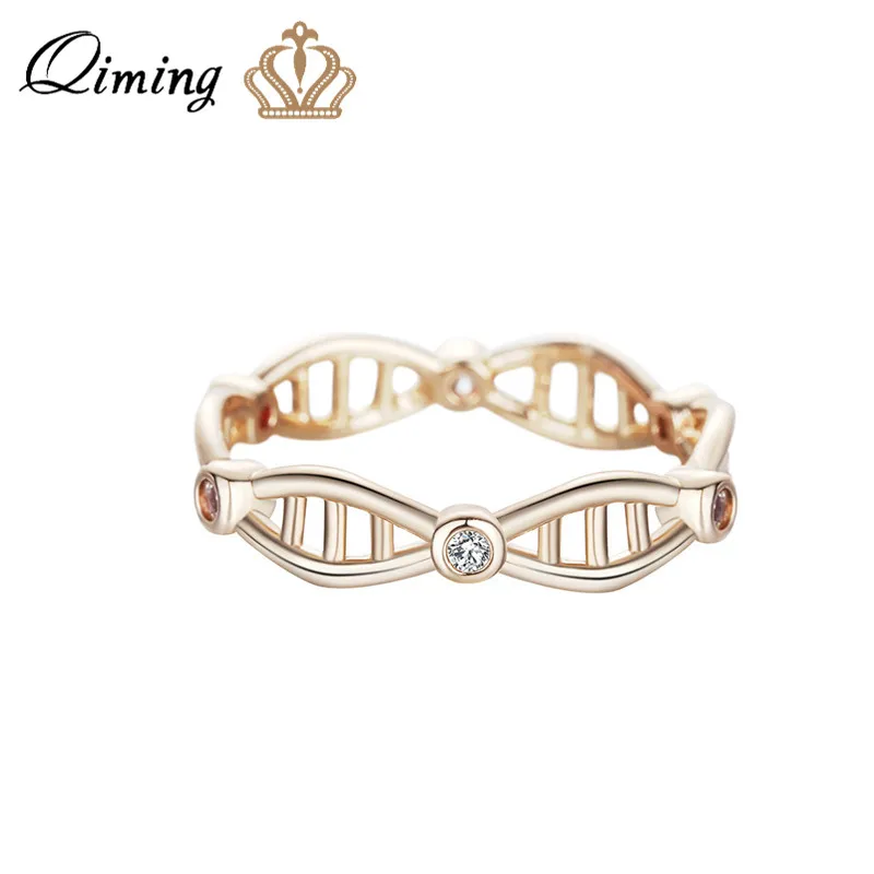 

QIMING Molecule Science Ring Women Female Wedding Band Crystal Biology Science DNA Jewelry Gold Metal Vintage Fashion Rings