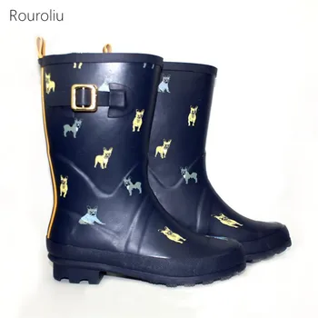 

Rouroliu Women Waterproof Autumn Boots Non-Slip Mid-Calf Rubber Rainboots Animal Prints Water Shoes Woman Wellies FR57