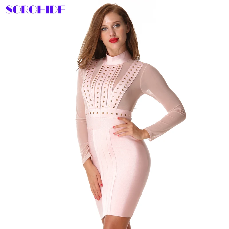 SORCHIDF 2017 женские розовые Bodycon платья с бисером Бандажное платье Длинные рукава
