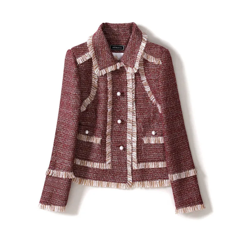 

Handmade Luxury Blazer Suits for Women Fashion Tweed Pearl Buttons Tassel Contrast Color Short Blazers Coat Red