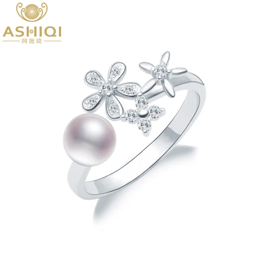 

ASHIQI Genuine 925 Sterling Silver Ring Natural freshwater pearl jewelry Flower Open Finger clear CZ for women