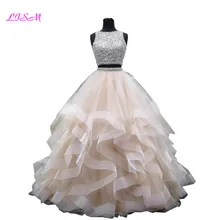 Cristais de luxo duas peças vestido de baile quinceanera vestidos o pescoço frisado aberto volta concurso vestido longo camadas organza doce 16 vestido