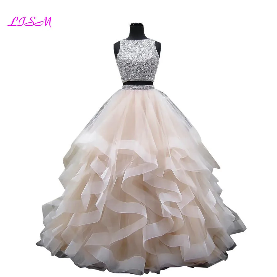 

Luxury Crystals Two Pieces Ball Gown Quinceanera Dresses O-neck Beaded Open Back Pageant Gown Long Tiered Organza Sweet 16 Dress