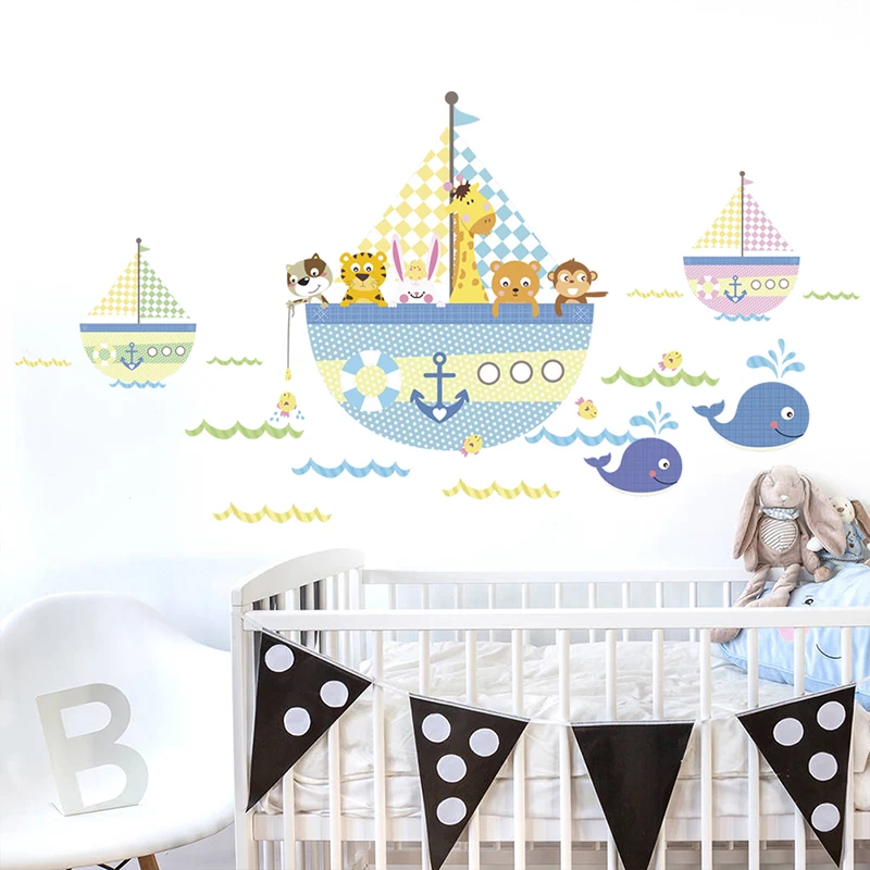 Cartoon Animals Tiger Bear Rabbit Boat Fish Wall Stickers For Kids Nursery Children Bedroom Decor Mural Wall Art Home PVC Decals