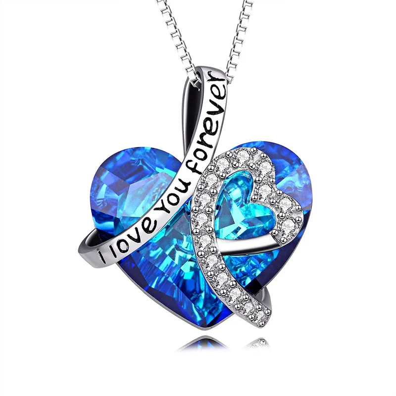 

Silver I Love You Forever Heart Pendant Necklace with Blue Crystals Jewelry for Women Girl Gife
