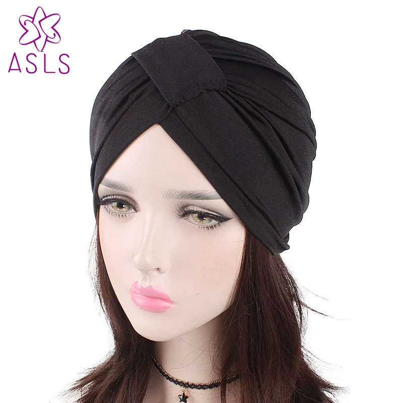 Новые модные женские эластичные Модальные тюрбан из хлопка купол кепки головные уборы для химиотерапии твист хиджаб головы шарфы дамы капот кепки Turbante - Цвет: Черный