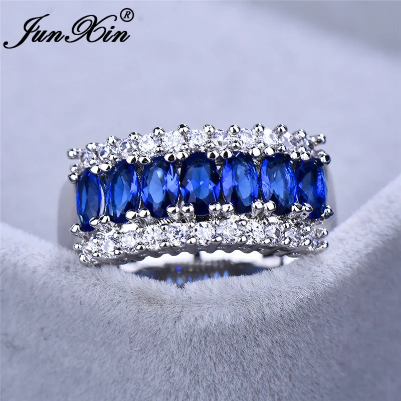 JUNXIN Luxury Male Female Oval Blue Zircon Wedding Rings For Women Men 10KT White Gold Filled Birthstone Engagement Couples Ring