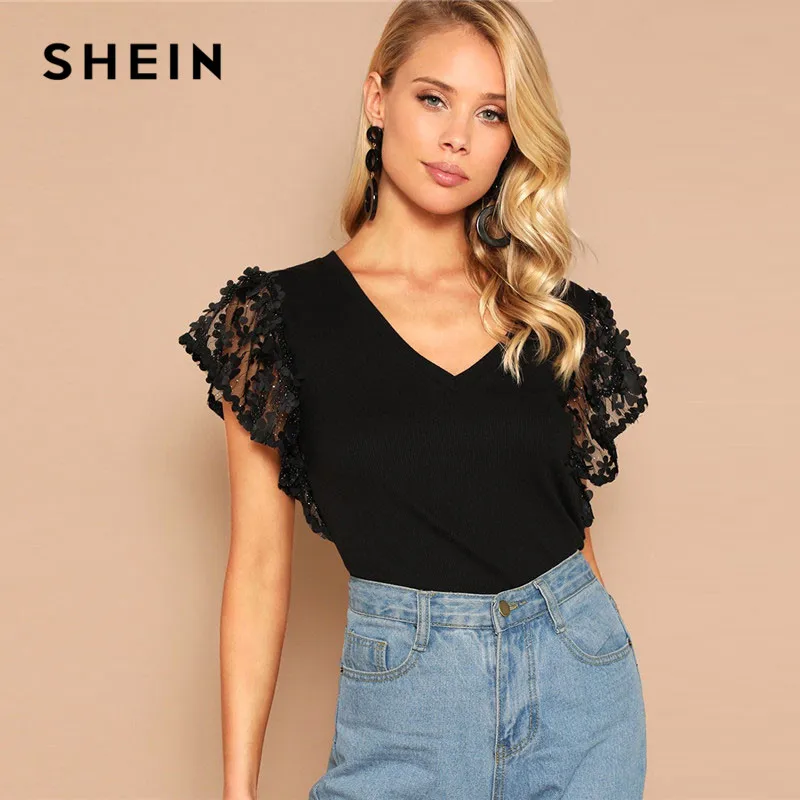 

SHEIN Lady Appliques Flutter Sleeve V-Neck Black Blouse Women Elegant Summer Solid Highstreet Short Sleeve Blouse Tops