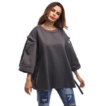 

2019 Autumn Korea fashion female back hollow out full flare sleeve sweatshirts casual women pullover loose top