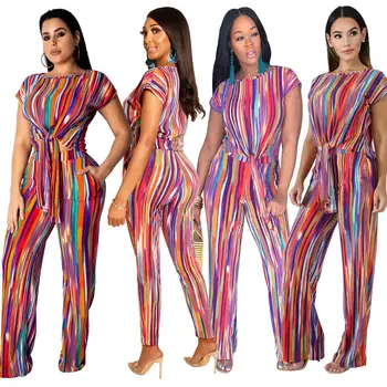 

Spring Summer Women Two Piece Set Top and Pants Plus Size Outfits Tracksuit Sweatsuit Graffiti Striped Short Tops Long Trousers