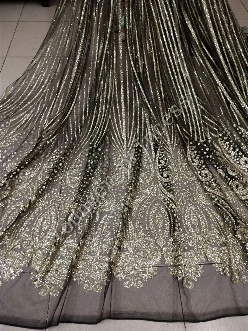Yg 153 グリッターメッシュ素材イブニングドレス 5 ヤード特別な接着グリッターレース生地黒メッシュゴールドグリッター レース Aliexpress