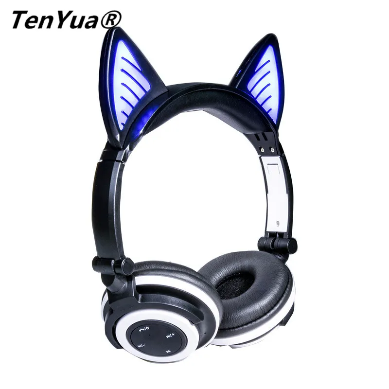 TenYua Wireless Bluetooth Cat Ear Headphones Foldable Gaming Headset Earphone with Glowing Light Halloween Gift for Girls Kids