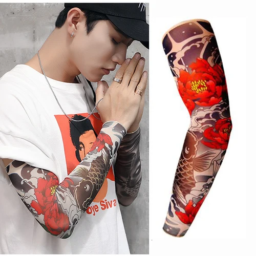 Free Shipping 3D Print Fake Tattoo Sleeves Men Women Summer UV Sun Protection Cool Cycling Sleeves S, L Pakistan