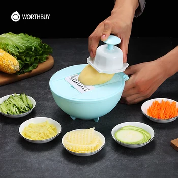 

WORTHBUY Multifunctional Vegetable Slicer Grater Manual Vegetable Cutter With Drain Basket Potato Fruit Slicer Kitchen Gadgets