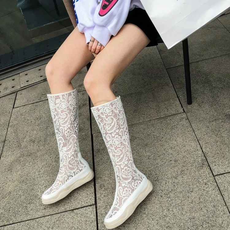 LAIGZEM GRACE Women Knee High Boots Lace SUMMER Boots Flat Thick Bottom Botas Shoes Woman Bottes Femme Small Big Size 32-46 (2)