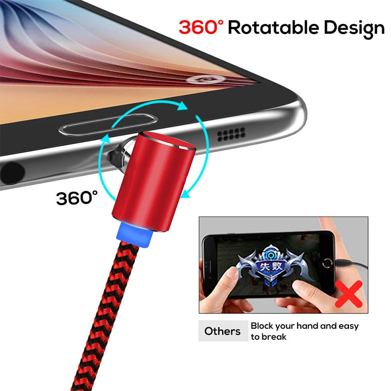 1 ~ 3M Магнитный Micro USB C 3 в 360 Круглый L дизайн LED 2.4A Быстрый зарядный кабель для Samsung