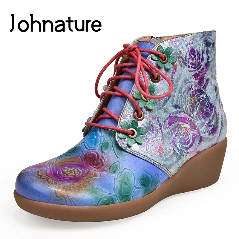 

Johnature Wedges Genuine Leather Round Toe Shoes Casual Zipper 2019 New Autumn/Winter Ethnic Flower Print Cross-tied Women Boots
