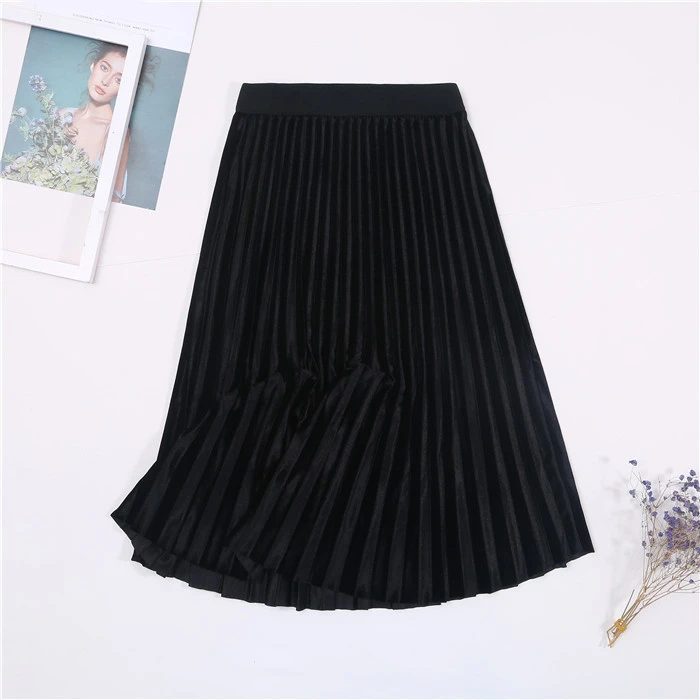 Senhoras do Vintage Saia de Veludo Maxi para Mulheres Outono Inverno Feminino Cintura Alta Elegante Sexy Magro Preto Plissado Saias Femininas 13 de veludo cintura alta elegante sexy magro