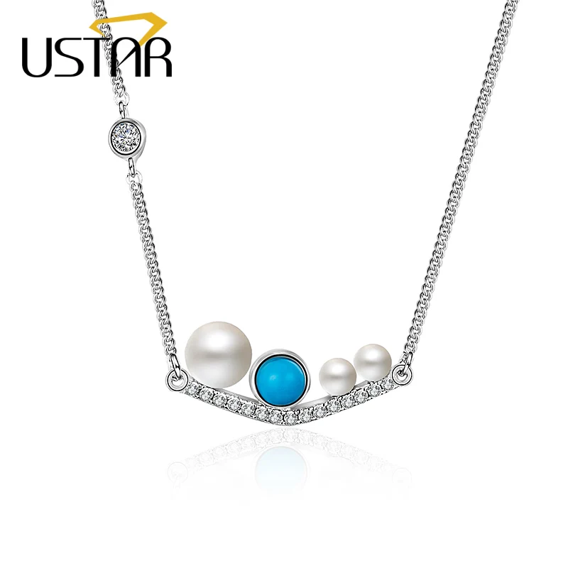 USTAR NEW Pingente Colares para as mulheres Simulado Pérola Cadeia de cristais de cor Prata Pedra Verde gargantilha Colares de Jóias de Casamento