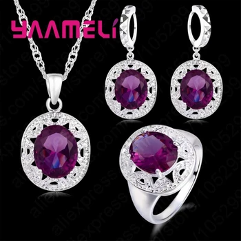 

Top Quality Wedding Jewelry Sets 925 Sterling Silver Purple Cubic Zircon Necklace/Earring/Ring For Sale Optional Size For Ring