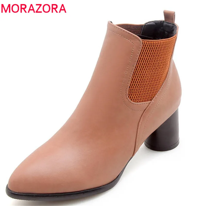 

MORAZORA 2020 new arrival women boots round toe solid color ankle boots slip on elegant high heels shoes simple Female Shoes