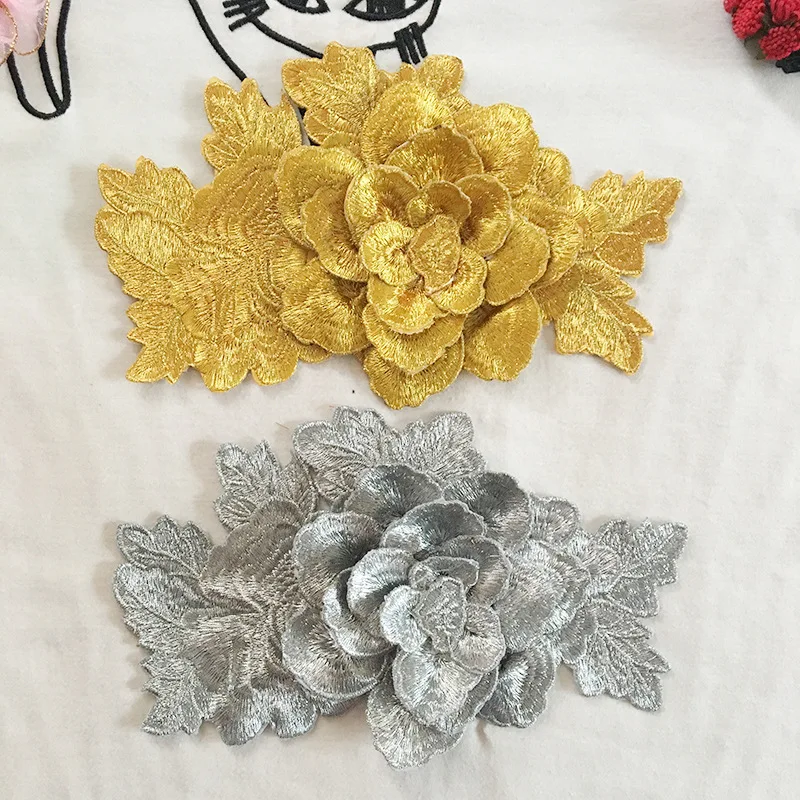 

3D Gold Flower Patch Embroidered Patches Vintage Flower Embroidery Parches Iron on Patch for Clothing Applique Badge 21*13 cm