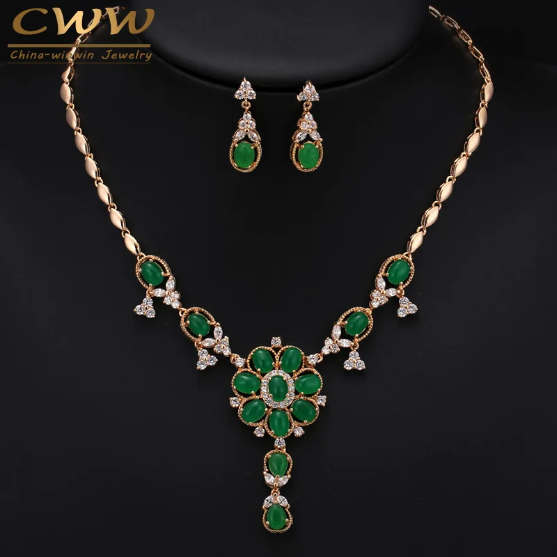 

Noble Design Light Yellow Gold Color Natural Green Crystal Big Necklace And Earrings Jewelry Sets For Women Party Costume T251