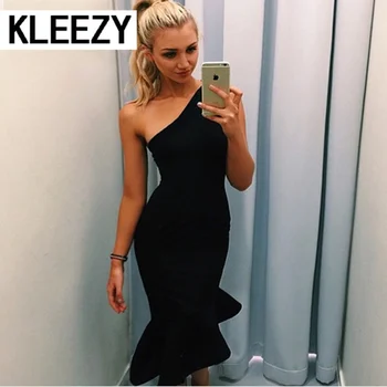 

2017 Woman Sexy One Shoulder Party Bandage Dresses Black/Red High Street Fashion Midi Bodycon Summer Fishtail Dress 2083