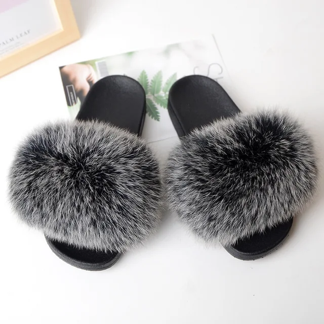 2019 Fox Fur Slide for Women Cut Slippers Fluffy Sliders Plush Furry Summer Flats Sweet Ladies Shoes Big Size 36-45,See as