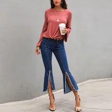 Новые весенние горячие высокой талией тонкие женские джинсы Модные индивидуальные повседневные брюки сексуальные широкие свободные тонкие женские расклешенные джинсы