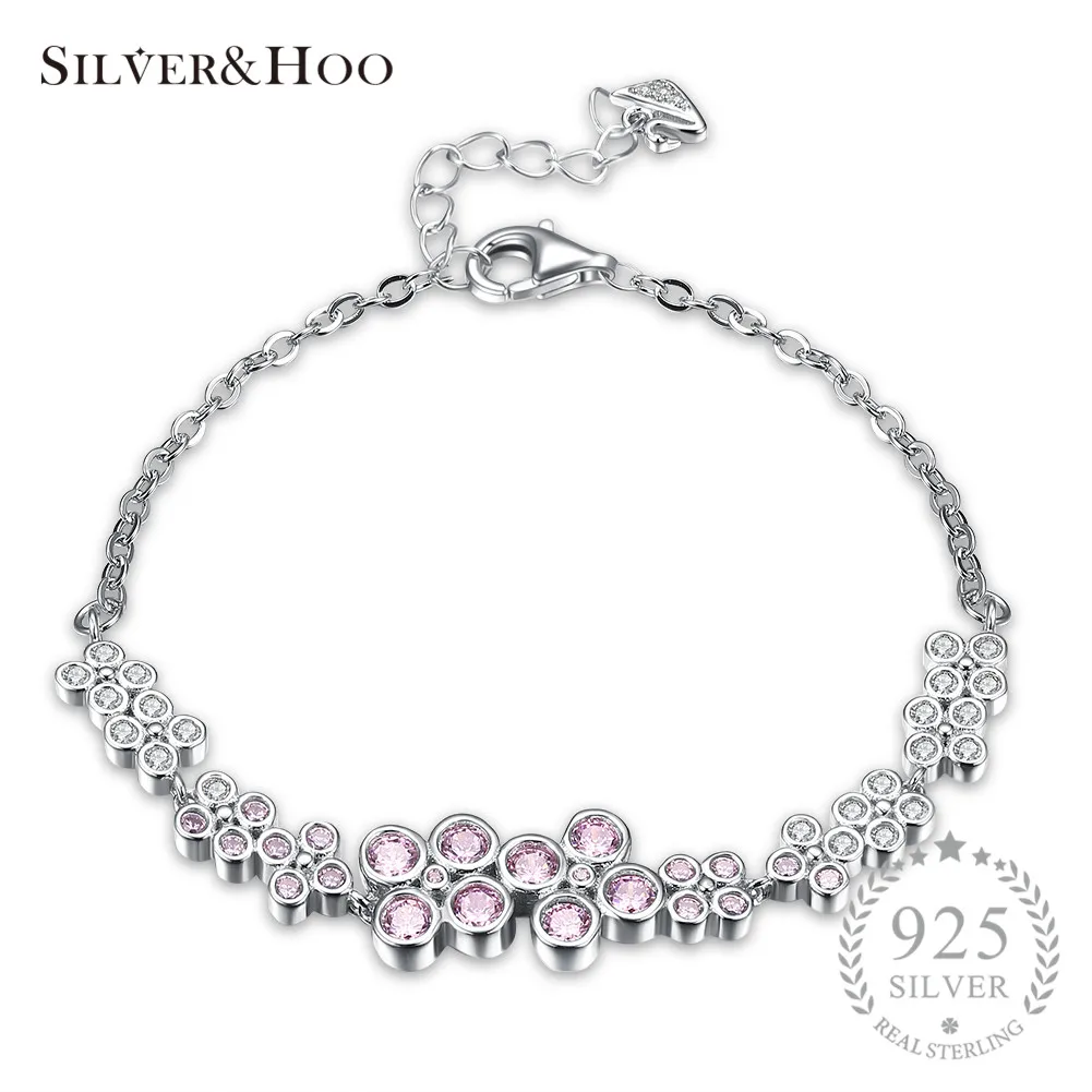 SILVERHOO Women Multi Pink Round Zircon Bracelets for Women 100% 925 Sterling Silver Trend Gift Bangles Fine Jewelry