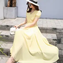 Корейский стиль глубокий V воротник чистый цвет плиссированная талия короткий рукав женское шифоновое длинное платье