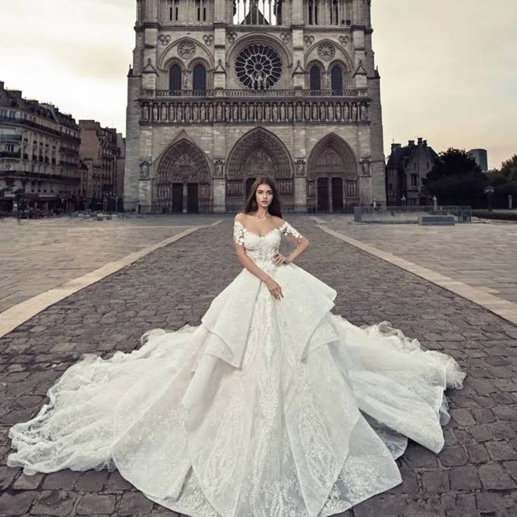 

Vivian's Bridal 2018 Luxurious Illusion Mesh Cathedral Train Wedding Gown Lace Appliques Zipper Ruched Half Sleeve Bridal Dress