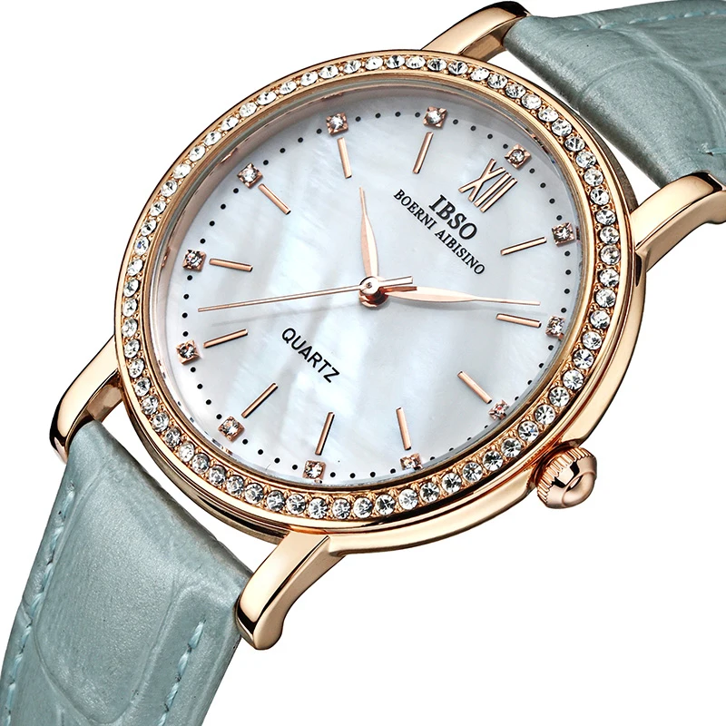 IBSO Роскошные Брендовые женские часы с кожаным ремешком Модные кварцевые часы с кристаллами и бриллиантами Montre Femme