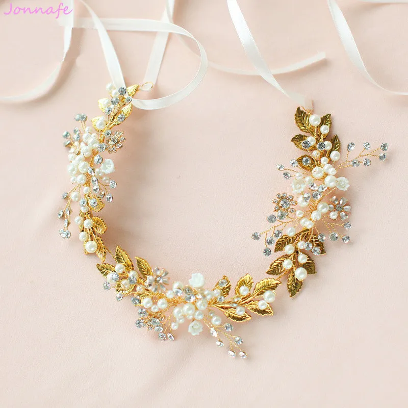 

Jonnafe Boho Gold Leaf Hair Vine Bridal Headband Wedding Tiara Pearls Hair Jewerly Women Accessories Headpiece