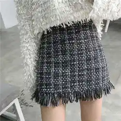 2018 для женщин твид мини юбка ретро Осень Зима Винтаж прямой плед кисточкой приталенная Высокая талия Feminina B80802J