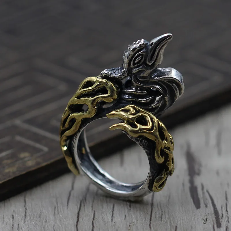 S925 Sterling Silver Vintage Unique Ring Carved Phoenix silver ring opening personality