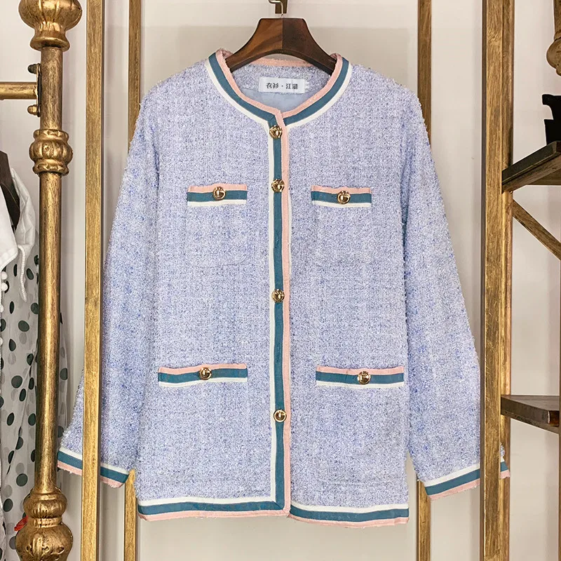 

Luxury Designer Brand Jacket for Women Fashion Loose Sweet Macarons Webbing Tweed Coat