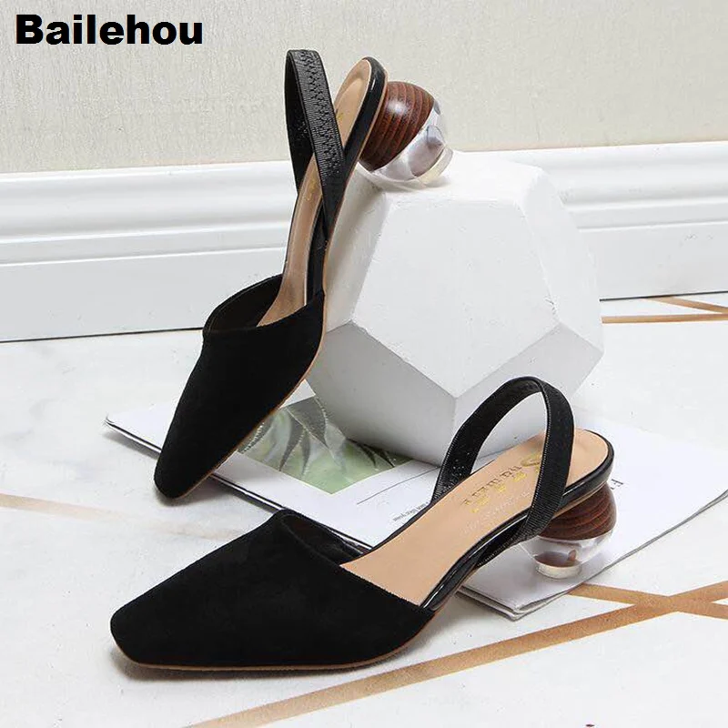 Women Sandals Fashion Crystal Round Ball Heels Ankle Straps Sandals Med Heel Wedding Party Shoes Mixed Color Square Toe Sandals