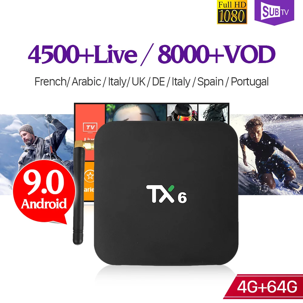 

TX6 IPTV France SUBTV Android 9.0 4+64G BT5.0 USB3.0 Dual-Band WIFI France Arabic Italy IP TV 1 Year Code Subscription Receiver