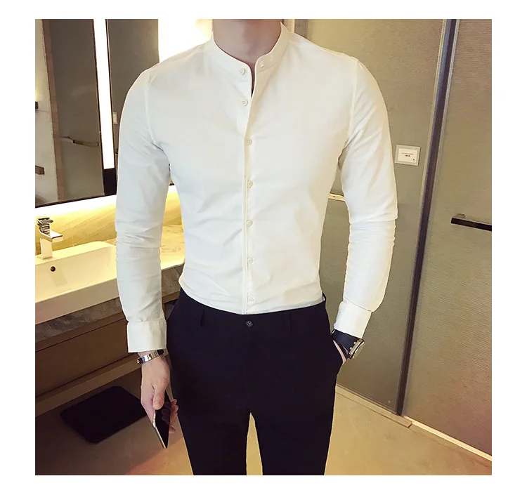 Белая деловая рубашка с длинным рукавом, Мужская черная приталенная рубашка с воротником-стойкой, мужская рубашка, Camicia Uomo Chemise Homme Hombre Camisa Masculina
