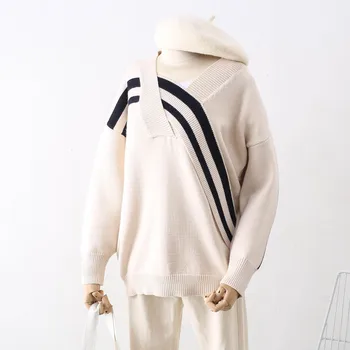 

2019 Fashion New Winter Clothes Trendy Sexy Deep V Neck Long Sleeve Loose Long Big Size stripe Sweater Women