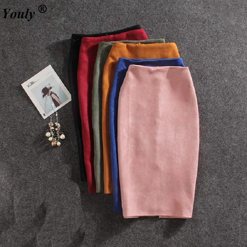 Женская замшевая разноцветная юбка-карандаш, женская Юбка-миди, Осень-зима, базовая облегающая юбка, Saia Femininas, Фасонная юбка