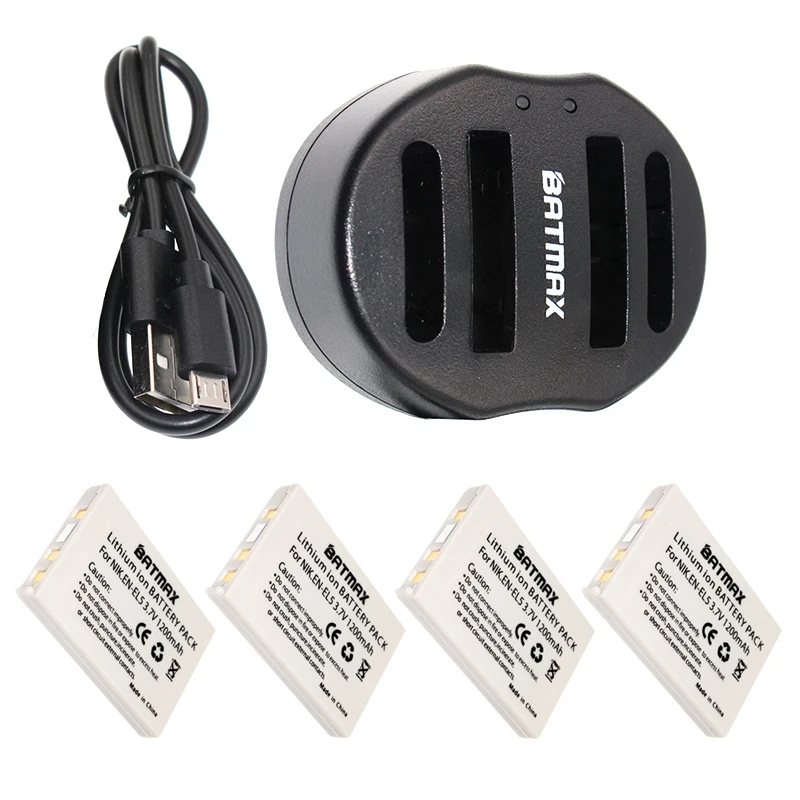 4 Pack EN EL5 Li ion Digital Camera Batteries+EN EL5 Battery Dual USB
